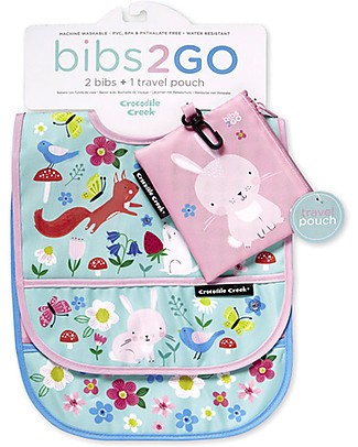 Crocodile Creek Set of 2 Water Resistant Bibs, Backyard Friends - Includes zippered travel pouch! Waterproof Bibs