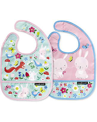 Crocodile Creek Set of 2 Water Resistant Bibs, Backyard Friends - Includes zippered travel pouch! Waterproof Bibs