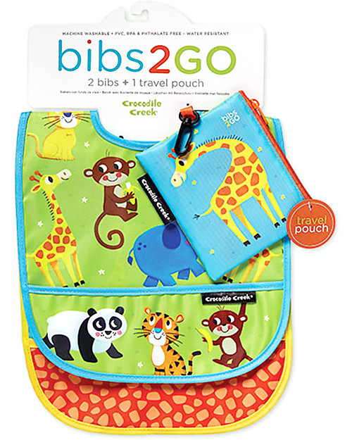 Crocodile Creek Set of 2 Water Resistant Bibs, Little Jungle - Includes zippered travel pouch! Waterproof Bibs