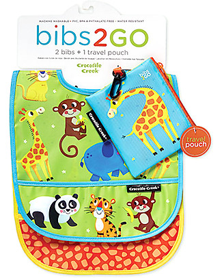 Crocodile Creek Set of 2 Water Resistant Bibs, Little Jungle - Includes zippered travel pouch! Waterproof Bibs