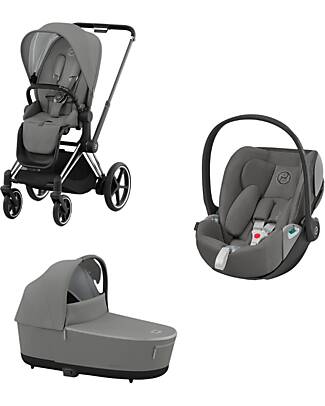 Cybex 3 in 1 Priam4 Platinum Stroller - Seat Pack + Car Seat + Carry Cot - Chrome Black and Soho Grey Trio and Duo Strollers