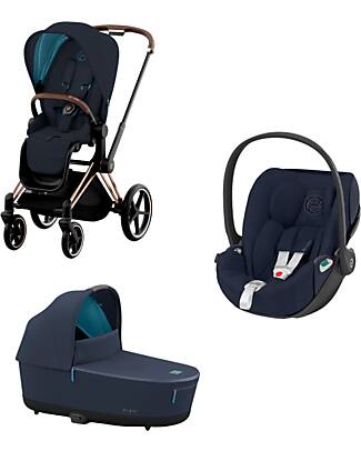 Cybex 3 in 1 Priam4 Platinum Stroller - Seat Pack + Car Seat + Carry Cot - Rose Gold and Nautical Blue Trio and Duo Strollers