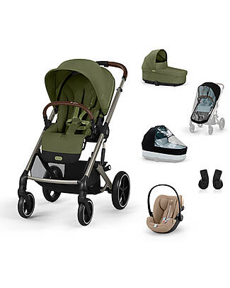 Cybex Balios S Lux Complete L Travel System - Moss Green - Stroller + Carrycot + 2 Rain Covers + Cloud G i-Size Plus Car Seat Almond Beige & Adapters Trio and Duo Strollers