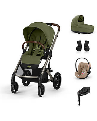 Cybex Balios S Lux Complete M Travel System - Moss Green - Stroller + Carrycot + Cloud G i-Size Plus Car Seat Almond Beige + Base & Adapters Trio and Duo Strollers