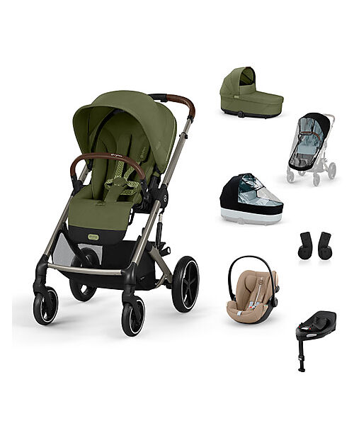 Cybex Balios S Lux Complete XL Travel System - Moss Green - Stroller + Carrycot + 2 Rain Covers + Cloud G i-Size Plus Car Seat Almond Beige + Base & Adapters Trio and Duo Strollers