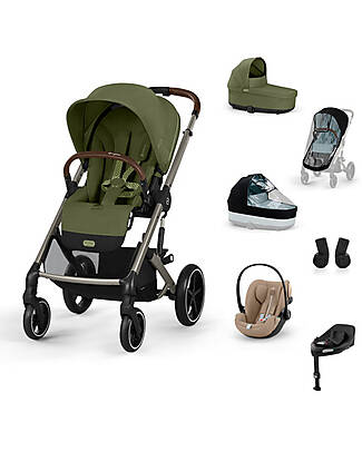 Cybex Balios S Lux Complete XL Travel System - Moss Green - Stroller + Carrycot + 2 Rain Covers + Cloud G i-Size Plus Car Seat Almond Beige + Base & Adapters Trio and Duo Strollers
