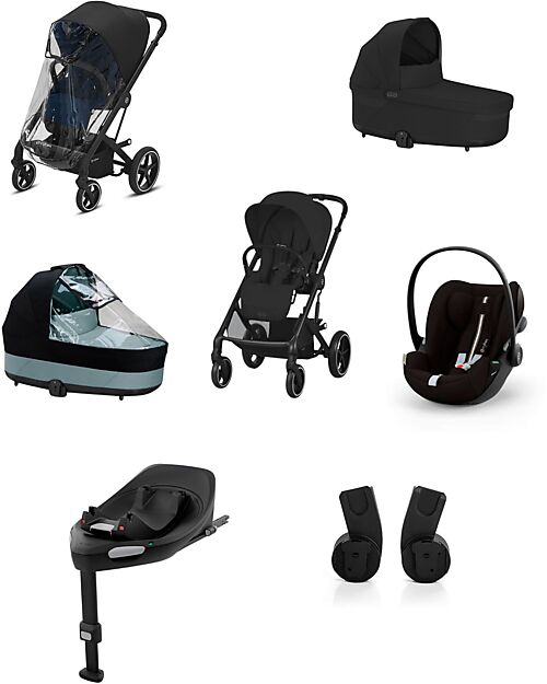Cybex Balios S Lux Stroller - Moon Black + Cot S Lux + Rain Cover for Stroller + Rain Cover for Cot + Adapter + Car Seat Cloud G i-Size Plus + Base G Trio and Duo Strollers