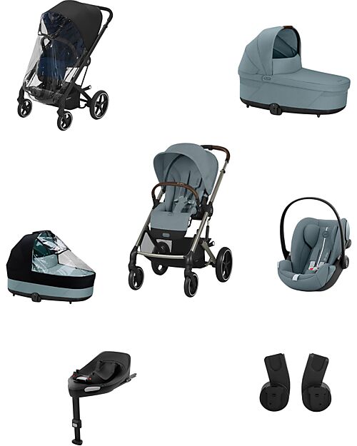 Cybex Balios S Lux Stroller - Stormy Blue + Cot S Lux + Rain Cover for Stroller + Rain Cover for Cot + Adapter + Car Seat Cloud G i-Size Plus + Base G Trio and Duo Strollers
