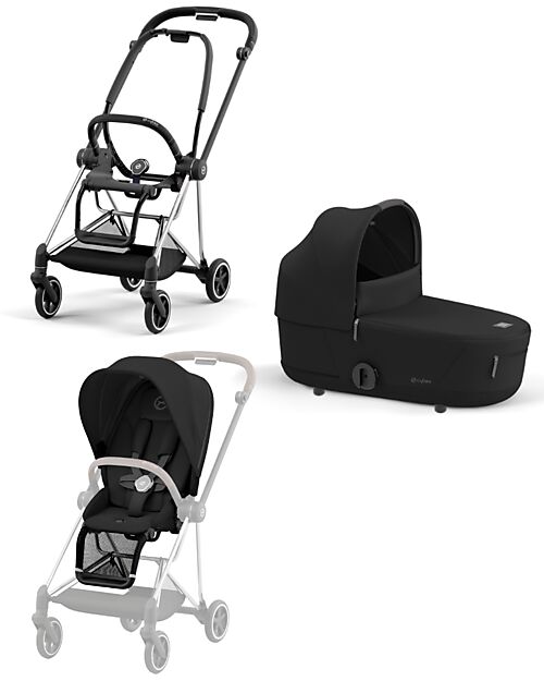 Cybex DUO Mios3 - Frame Stroller Chrome Black with Seat Pack and Carrycot Sepia Black Trio and Duo Strollers