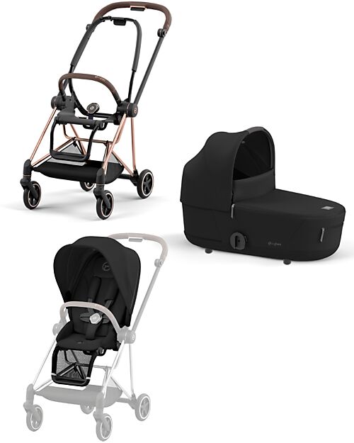 Cybex DUO Mios3 - Frame Stroller Rosegold with Seat Pack and Carrycot Sepia Black Trio and Duo Strollers