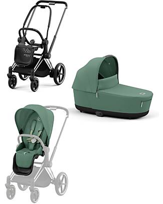 Cybex DUO Priam4 - Frame Stroller Chrome Black with Seat Pack and Carrycot Leaf Green Trio and Duo Strollers