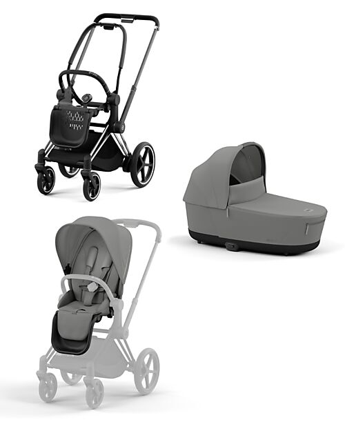 Cybex DUO Priam4 - Frame Stroller Chrome Black with Seat Pack and Carrycot Mirage Grey Trio and Duo Strollers