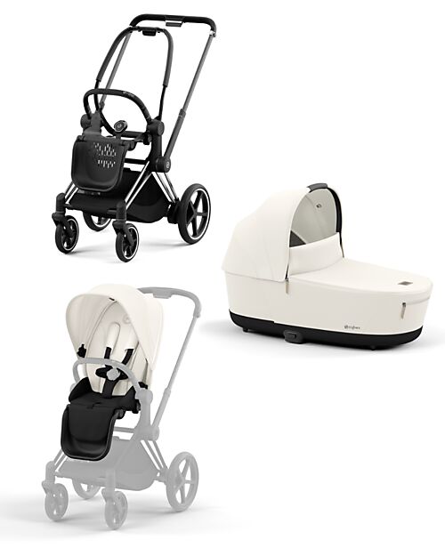 Cybex DUO Priam4 - Frame Stroller Chrome Black with Seat Pack and Carrycot Offwhite Trio and Duo Strollers