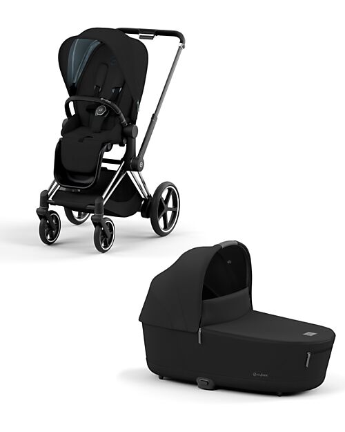 Cybex DUO Priam4 - Frame Stroller Chrome Black with Seat Pack and Carrycot Sepia Black Trio and Duo Strollers