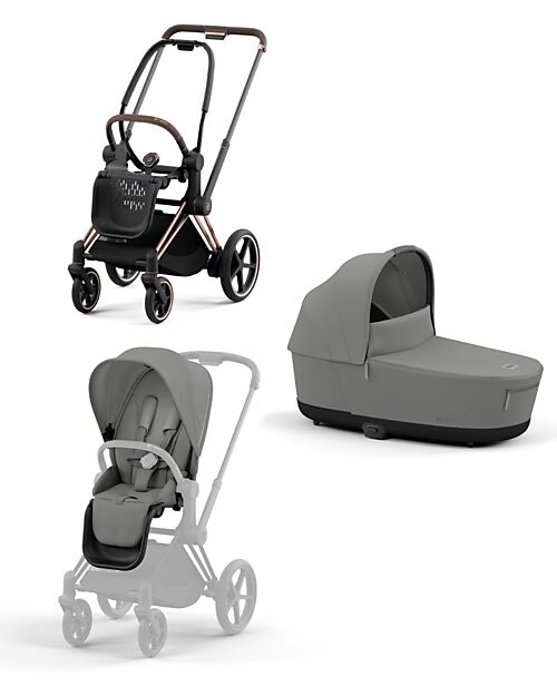 Cybex DUO Priam4 - Frame Stroller Rosegold with Seat Pack and Carrycot Mirage Grey Trio and Duo Strollers