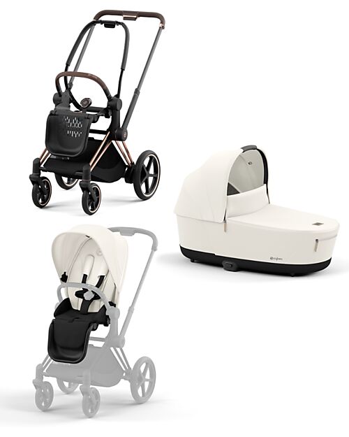 Cybex DUO Priam4 - Frame Stroller Rosegold with Seat Pack and Carrycot Offwhite Trio and Duo Strollers