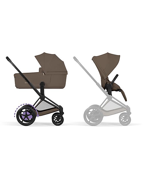 Cybex e-Priam Duo Comfort Matt Black Frame with Seat and Foldable Carrycot Coconut Brown Foot Board