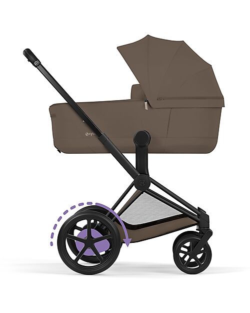Cybex e-Priam Duo Comfort Matt Black Frame with Seat and Foldable Carrycot Coconut Brown Foot Board