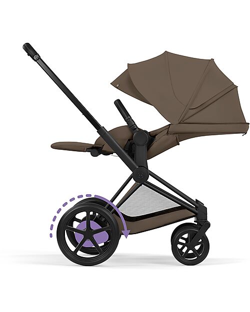Cybex e-Priam Duo Comfort Matt Black Frame with Seat and Foldable Carrycot Coconut Brown Foot Board