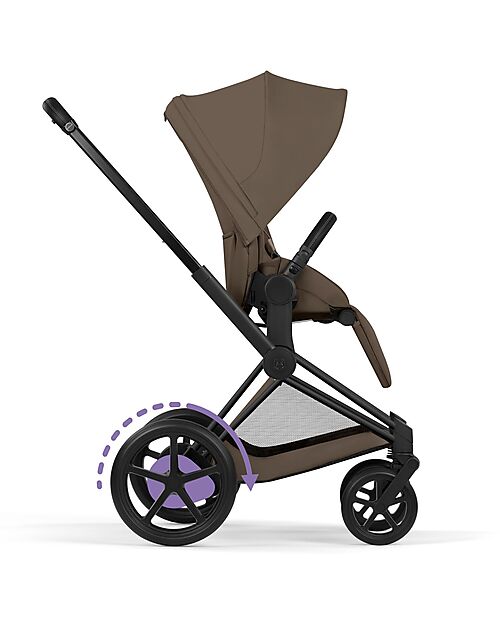 Cybex e-Priam Duo Comfort Matt Black Frame with Seat and Foldable Carrycot Coconut Brown Foot Board