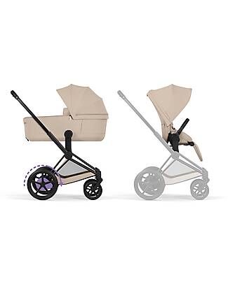 Cybex e-Priam Duo Comfort Matt Black Frame with Seat and Foldable Carrycot Cozy Beige Foot Board
