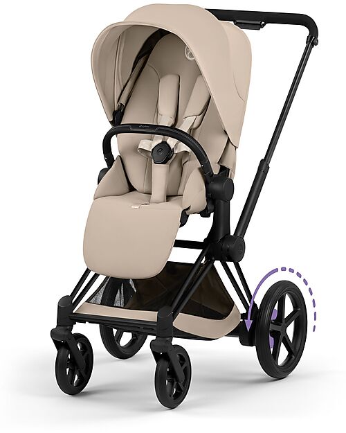 Cybex e-Priam Duo Comfort Matt Black Frame with Seat and Foldable Carrycot Cozy Beige Foot Board
