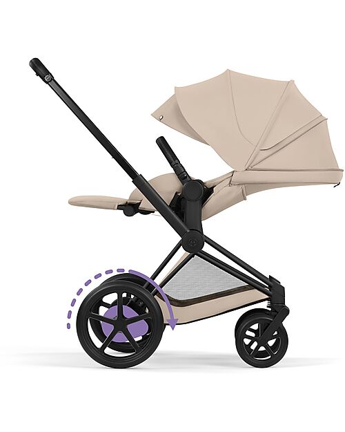 Cybex e-Priam Duo Comfort Matt Black Frame with Seat and Foldable Carrycot Cozy Beige Foot Board