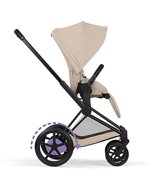 Cybex e-Priam Duo Comfort Matt Black Frame with Seat and Foldable Carrycot Cozy Beige Foot Board