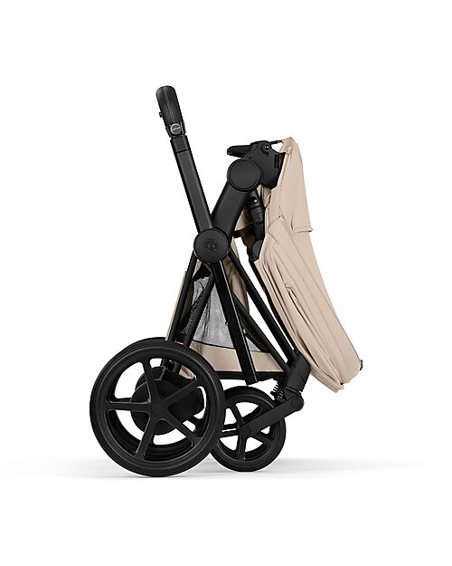Cybex e-Priam Duo Comfort Matt Black Frame with Seat and Foldable Carrycot Cozy Beige Foot Board