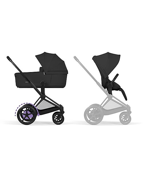 Cybex e-Priam Duo Comfort Matt Black Frame with Seat and Foldable Carrycot Sepia Black Foot Board