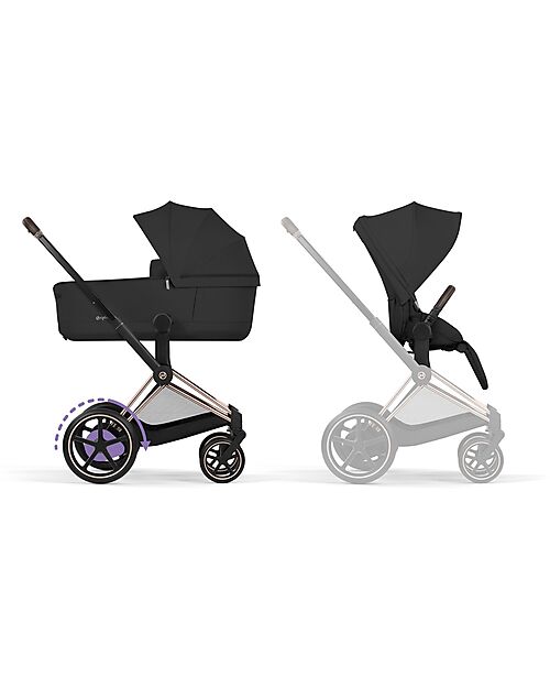 Cybex e-Priam Duo Comfort Rosegold Frame with Seat and Foldable Carrycot Sepia Black Foot Board