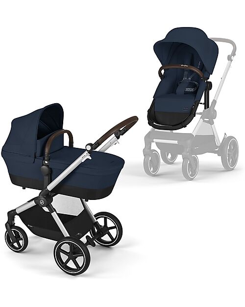 Cybex EOS Lux 2-in-1 Stroller with Interchangeable Attachments: From Carrycot to Seat - Silver Ocean Blue - From Birth to 4 Years! Trio and Duo Strollers