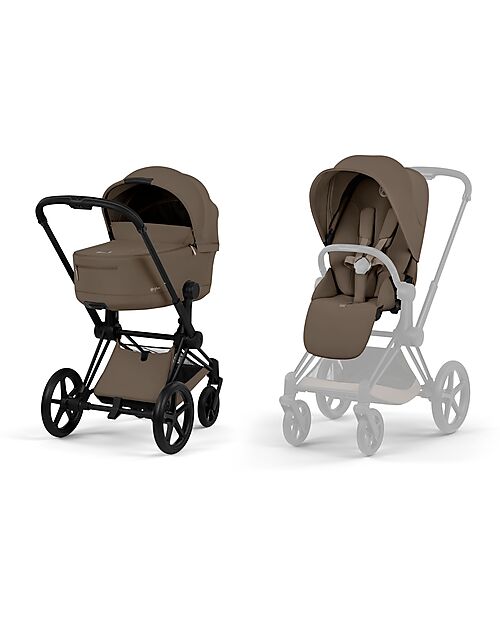 Cybex Priam Duo Comfort - Matt Black Frame with Seat and Foldable Carrycot Coconut Brown Foot Board