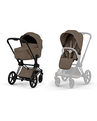 Cybex Priam Duo Comfort - Matt Black Frame with Seat and Foldable Carrycot Coconut Brown Foot Board