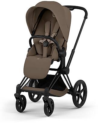 Cybex Priam Duo Comfort - Matt Black Frame with Seat and Foldable Carrycot Coconut Brown Foot Board