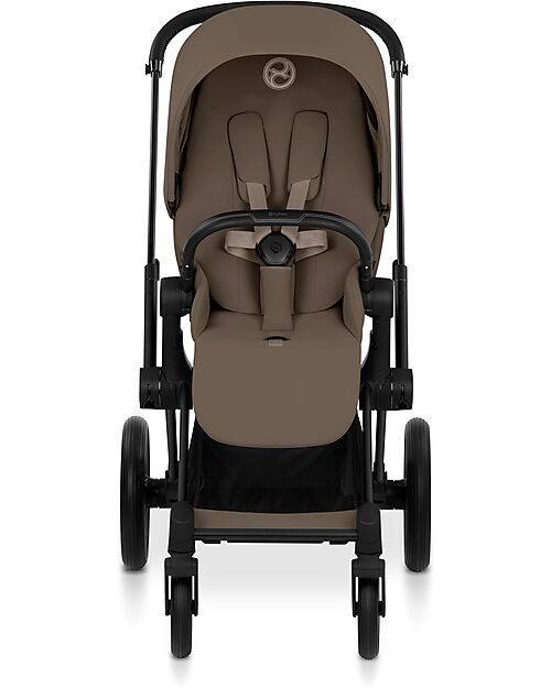Cybex Priam Duo Comfort - Matt Black Frame with Seat and Foldable Carrycot Coconut Brown Foot Board