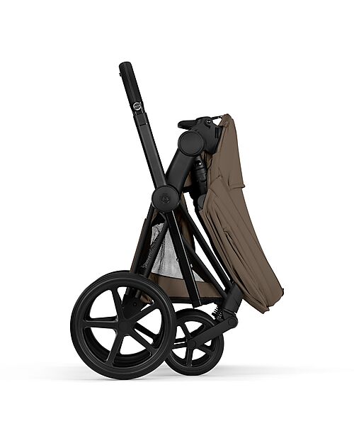 Cybex Priam Duo Comfort - Matt Black Frame with Seat and Foldable Carrycot Coconut Brown Foot Board