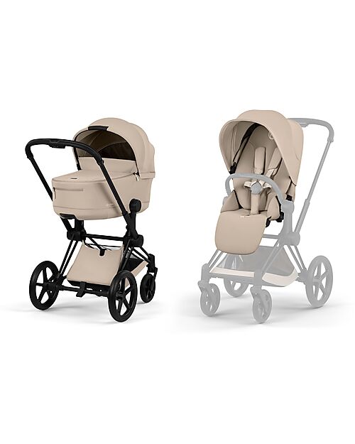Cybex Priam Duo Comfort - Matt Black Frame with Seat and Foldable Carrycot Cozy Beige Foot Board
