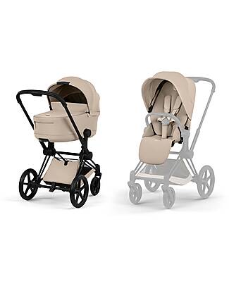 Cybex Priam Duo Comfort - Matt Black Frame with Seat and Foldable Carrycot Cozy Beige Foot Board