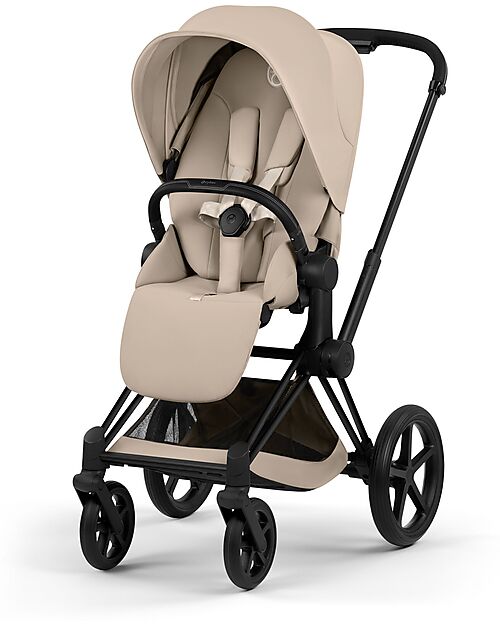 Cybex Priam Duo Comfort - Matt Black Frame with Seat and Foldable Carrycot Cozy Beige Foot Board