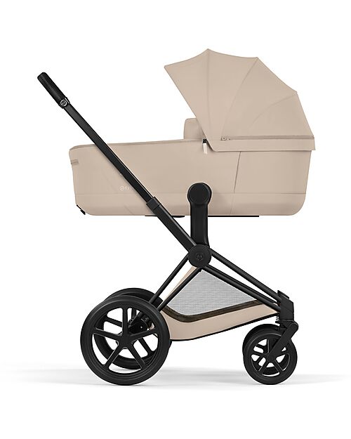 Cybex Priam Duo Comfort - Matt Black Frame with Seat and Foldable Carrycot Cozy Beige Foot Board