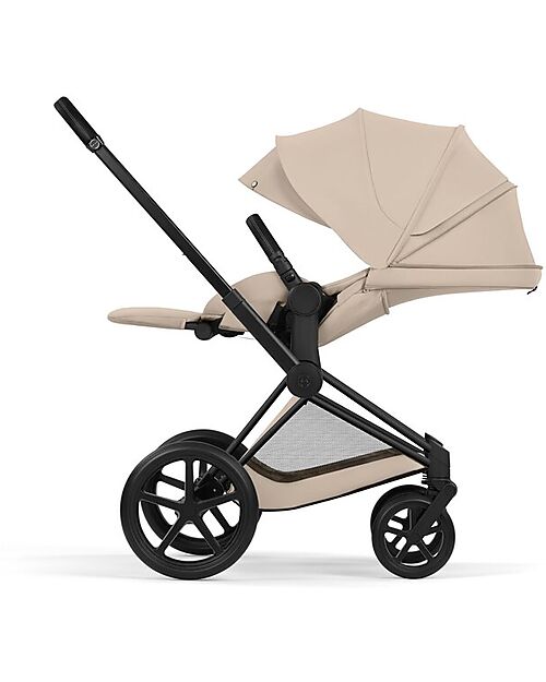 Cybex Priam Duo Comfort - Matt Black Frame with Seat and Foldable Carrycot Cozy Beige Foot Board
