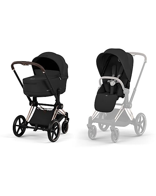 Cybex Priam Duo Comfort - Rosegold Frame with Seat and Foldable Carrycot Sepia Black Foot Board