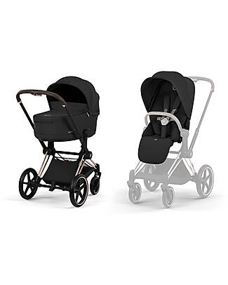 Cybex Priam Duo Comfort - Rosegold Frame with Seat and Foldable Carrycot Sepia Black Foot Board