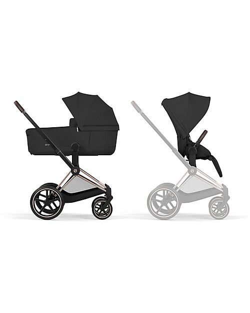 Cybex Priam Duo Comfort - Rosegold Frame with Seat and Foldable Carrycot Sepia Black Foot Board