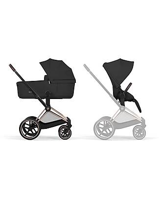 Cybex Priam Duo Comfort - Rosegold Frame with Seat and Foldable Carrycot Sepia Black Foot Board