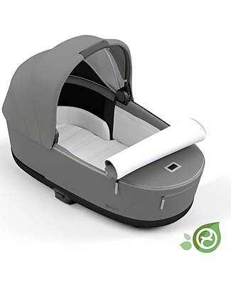 Cybex Priam or e-Priam  Lux Carry Cot -  Pearl Grey  - Comfy and Spacious - Concious Collection  Fabric Made from 21
Recycled Plastic Bottles Pram Systems