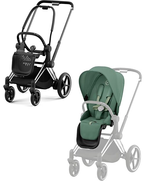 Cybex Priam4 Stroller - Frame Stroller Chrome Black with Seat Pack Leaf Green Pushchairs
