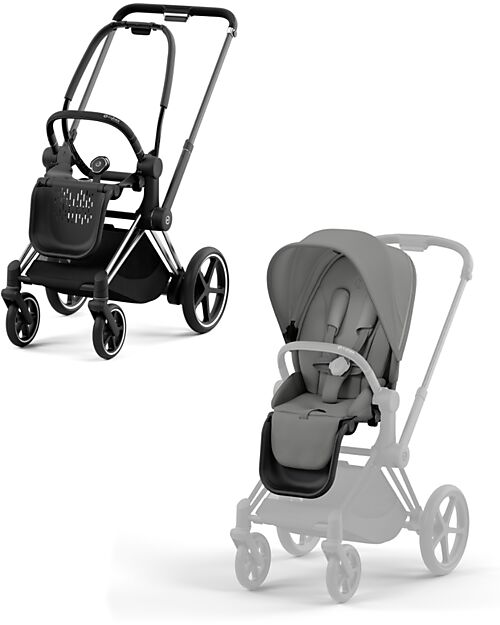 Cybex Priam4 Stroller - Frame Stroller Chrome Black with Seat Pack Mirage Grey Pushchairs
