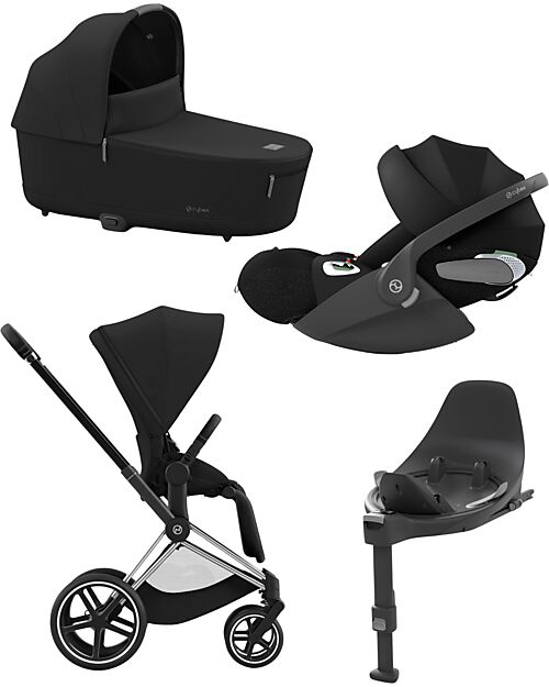 Cybex TRIO Priam4 - Frame Stroller Chrome Black with Seat Pack + Carrycot and Car Seat - Sepia Black + Base T Isofix Trio and Duo Strollers